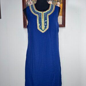 Merona Linen Blend A-Line Dress Women's 10 Round Neck Blue Lined Sequin